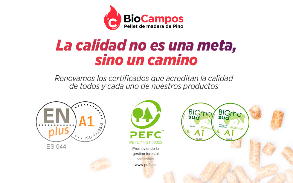 Biocampos Maderas Campos renueva los certificados En Plus, Biomasud y PEFC, que acreditan la calidad de todos los productos que vende en sus delegaciones y en la tienda online